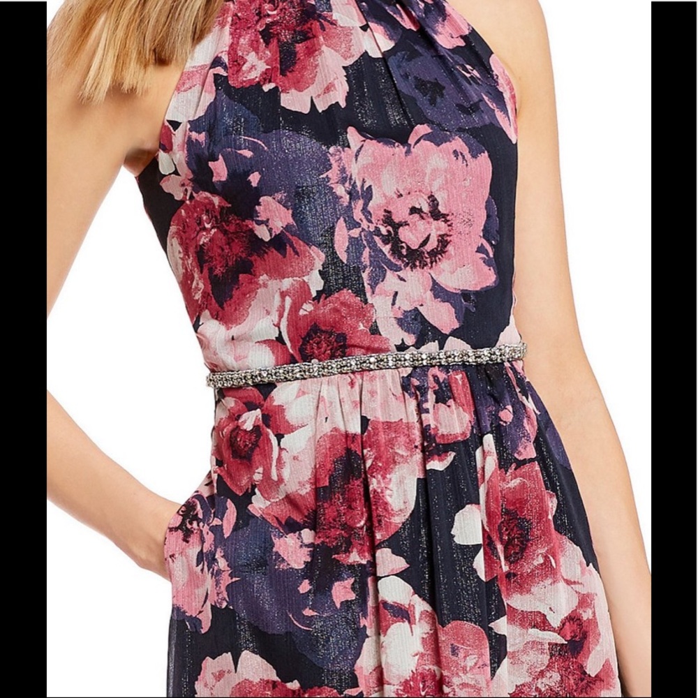 SLNY High-Neck Chiffon A-Line Navy/multi,NWT - Picture 5 of 6
